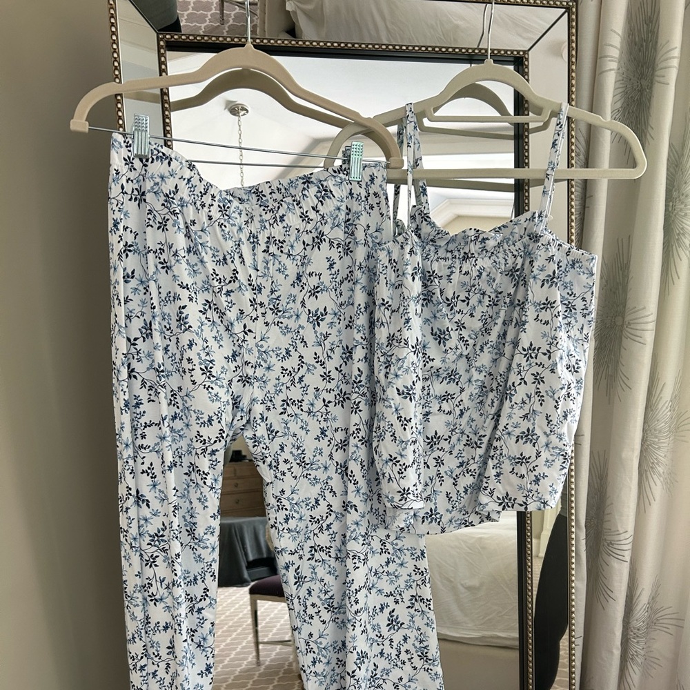 LAKE Pima Ruffle Pants Set in Serene blue botanical vines